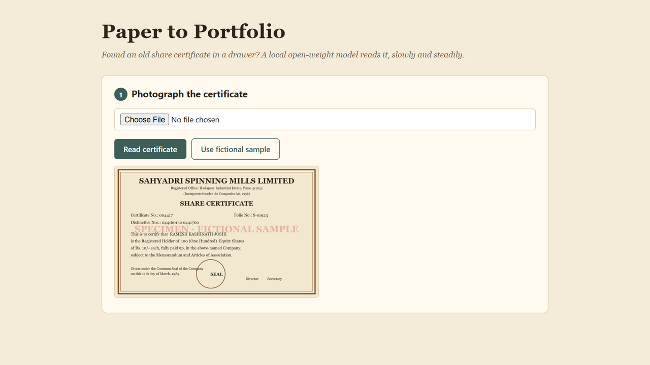 The upload step with the fictional specimen certificate
