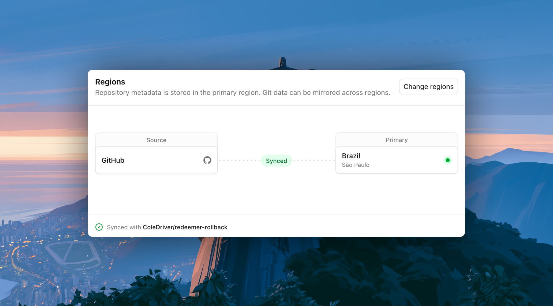 O painel Regions no Entire: a origem de um repositório no GitHub sincronizada com sua região principal, o Brasil (São Paulo).