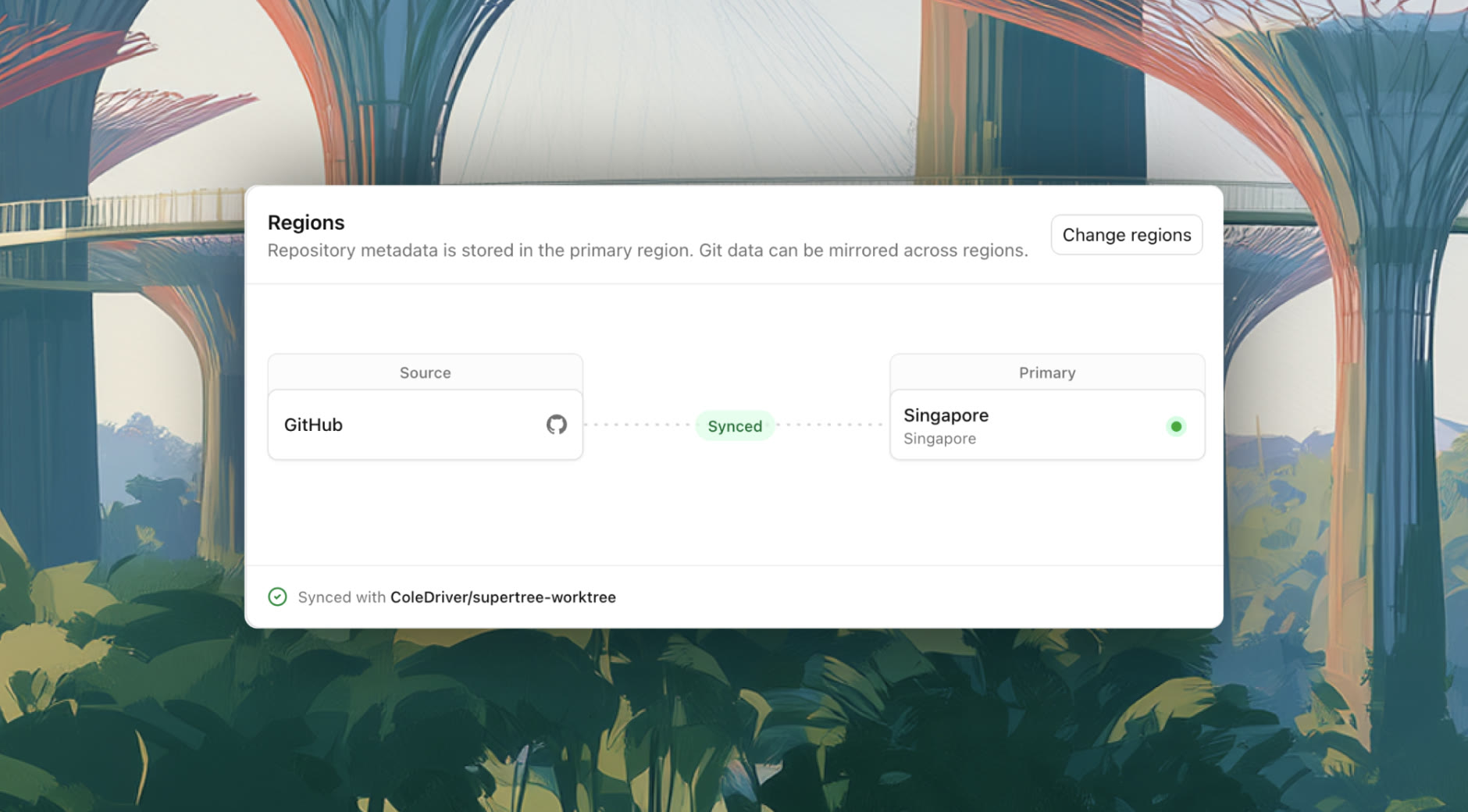 The Regions panel on Entire: a repository's GitHub source synced to its primary region, Singapore.